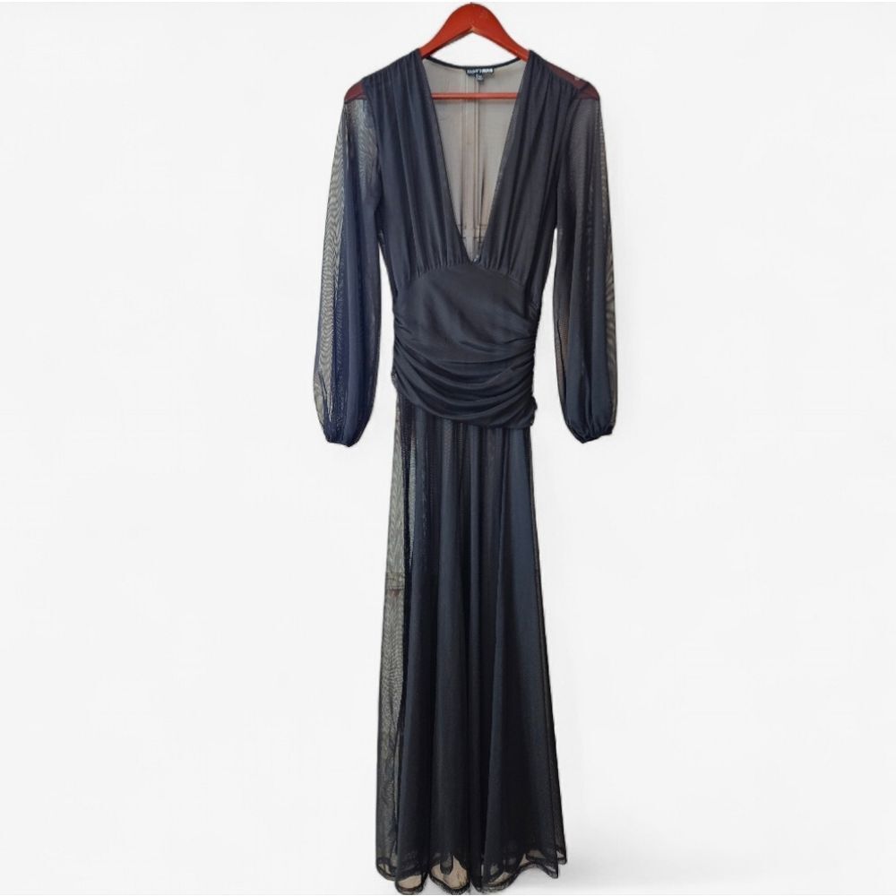 Fashion Nova Sheer Black Mesh Gathered Waist Plunge Neckline Deep V Maxi Dress L